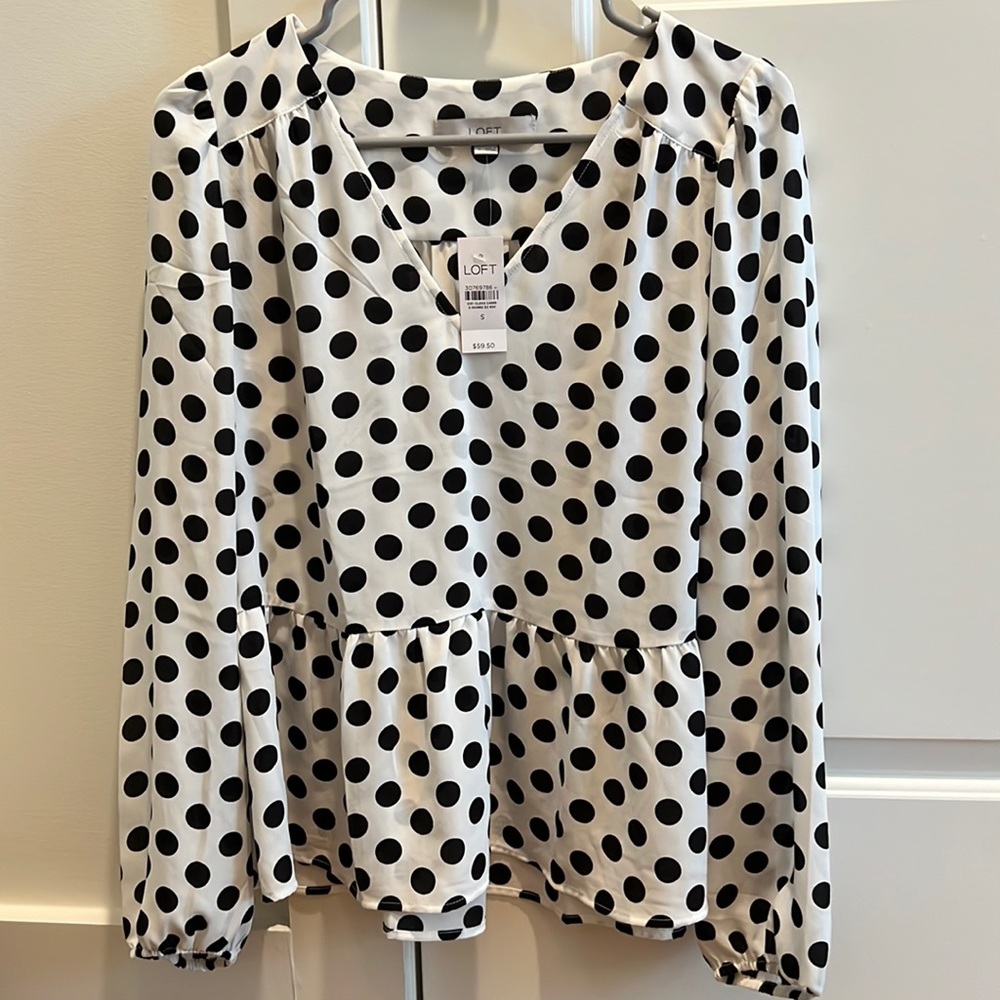 LOFT white and black polka dot blouse